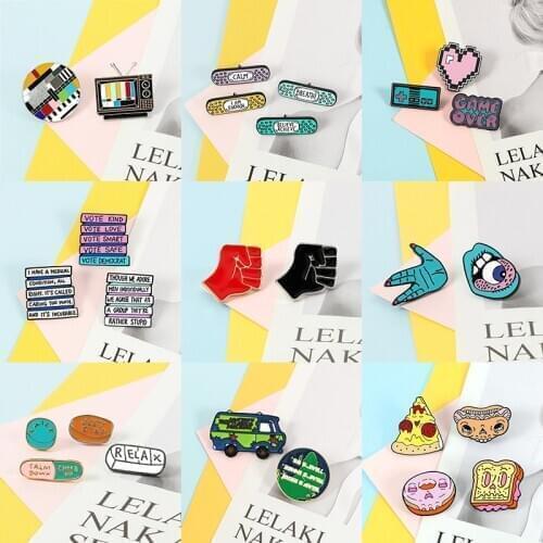 2~4pcs/set Cartoons Enamel Pins Fist Food Letter TV Earth Heart Brooch Denim Jackets Bag Lapel Pin Badge Jewelry Gift for Friend