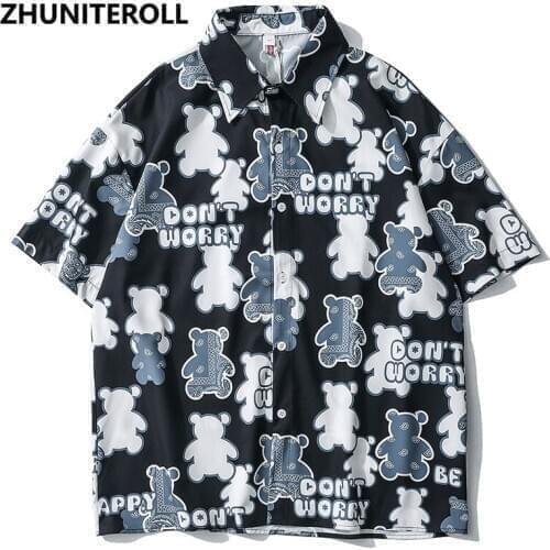 2021 Hawaiian Shirt Harajuku Funny Bear Print Beach Shirt Men Hip Hop Summer Short Sleeve Fashion Casual Aloha Shirt Streetwear