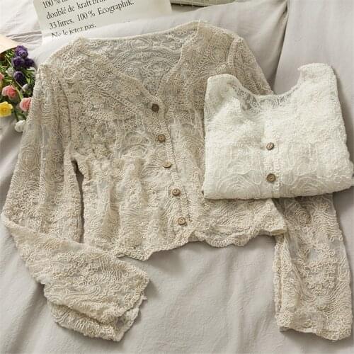 2021 Spring Women V-neck Lace Blouse All-match Sweety Girl Mesh Shirt Summer Lady Hollow Out Blousas Bottomings Outwear WZ1448