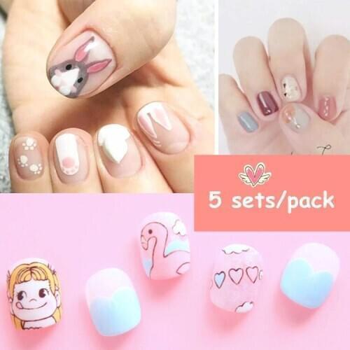 5 sets/pack ! High quality cute nail stickers Japanese pure color nail oil film 14pcs/set lady cartoon pattern full nail tips