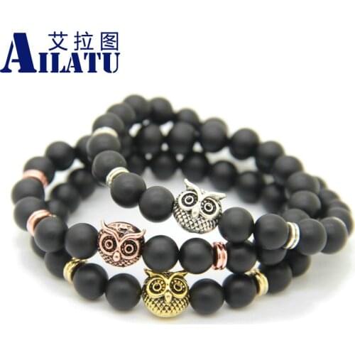 Ailatu Brand Men Jewelry Wholesale 10pcs New Design 8mm Natural Matte Onyx Stone Alloy Owl Bracelet