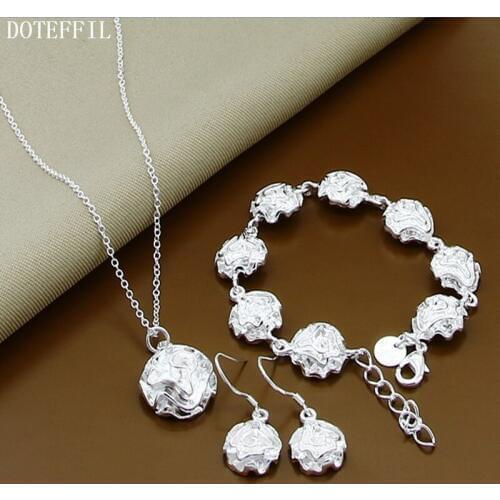 DOTEFFIL 925 Sterling Silver 18 Inch Chain Rose Flower Necklace Bracelet Earring Set For Woman Wedding Fashion Jewelry