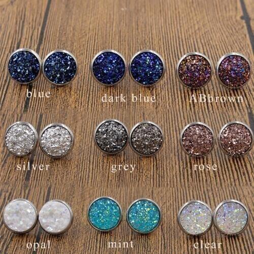 Fnixtar Earring Sets 3 Pairs / Set Mixed Color Round Stud Earrings Stainless Steel Druzy Resin Stud Earrings For Women