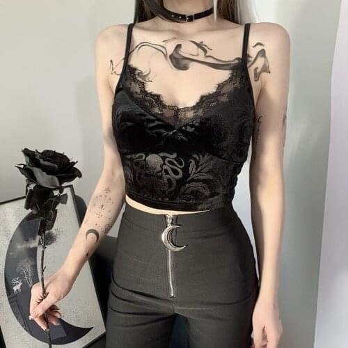 Gothic Vintage Black Velvet Camis Women Grunge Punk Sexy Sleeveless Lace Trim Backless Crop Tops Elegant Streetwear E-girl
