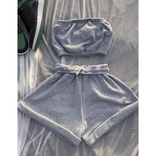 Cotton Drawstring High Waist Sweat Shorts with Tube Top Tracksuit Womens Outfits 2 Piece Summer Matching Set