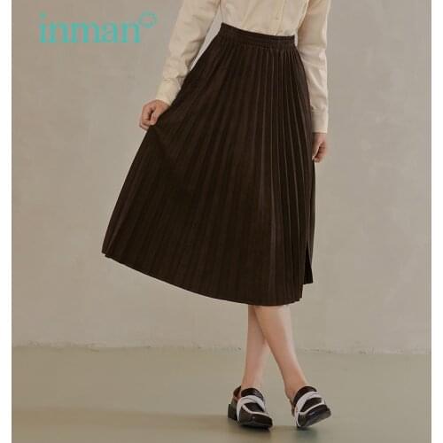INMAN Autumn Pleated Skirt Women Retro LiteraryStyle Elastic Waist Design Minimalist Dark Brown A-Line Females Bottoms