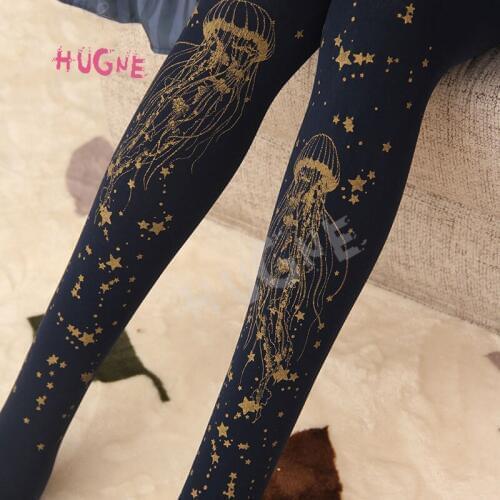 Sweet Jellyfish Printed Lolita Pantyhose Mori Girl Blue / Black Patterned Tights
