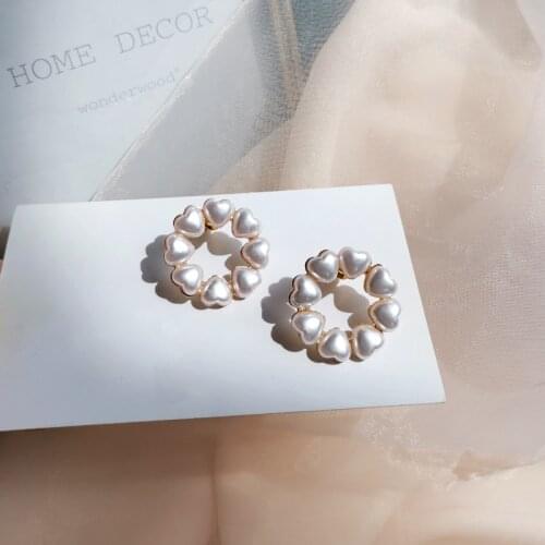 Korean-Style Sweet Cute Girls Heart Circle Earrings Simple Geometric Small Pearls Hollow-out Round Clip on earrings Women Lady