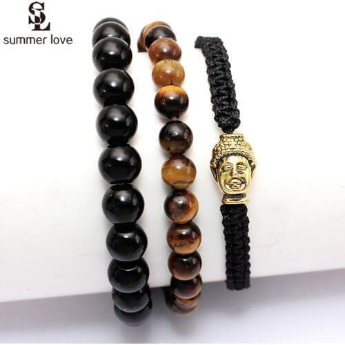 Trendy Handmade Braided Buddha Charms Bracelets 8mm Tiger Eye Stone Beaded Bracelet Set for Women Men Prayer Jewelry Lucky Gift