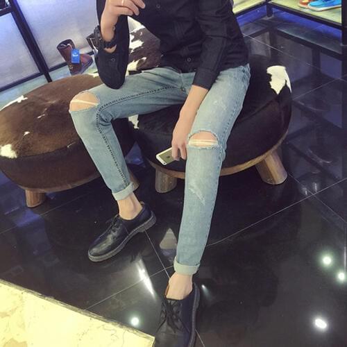 Whitening mens jeans Korean version of the self-cultivation stretch feet pants tide casual knee hole large size long pants tide