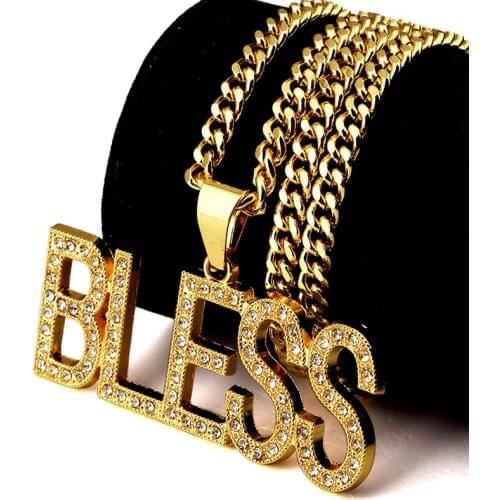 Good Quality Gold Letter BLESS Necklace Gold Labmade Mens Iced Out Praying Pendant Necklace with 30inch Cuban Chain