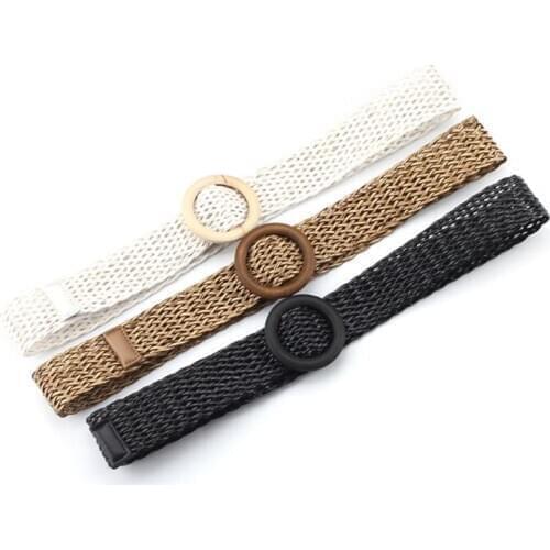 New Women Belt Retro Style Braid Belt For Dress Decoration Round Wooden Buckle 28GD