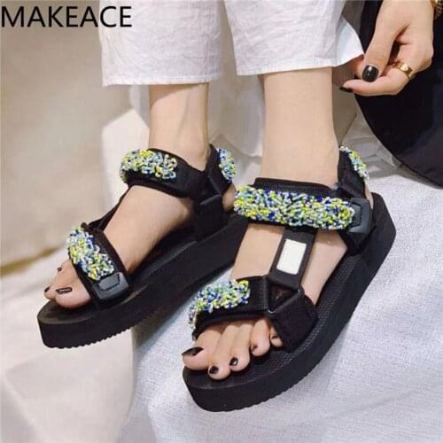 New Flat Thick Sole Casual Sandals Summer 2021 Soft Real Leather Magic Tape Platform Sandalias Women Comfortable Vacation Shoes