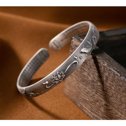 Sterling silver heart sutra bracelet ms lotus do old monkey hand ring mom gift matte silver bracelet carp solid openings