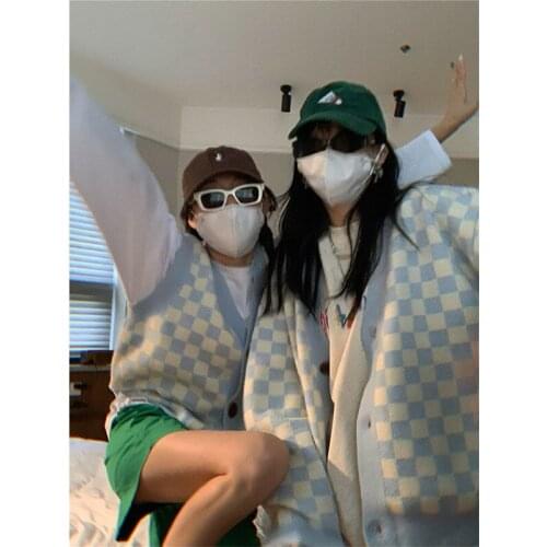 JESSIC New French Plaid Vest Knitted Cardigan Coat Early Autumn Loose Korean Style Lazy Style V-neck Sweater Plaid Vest Women