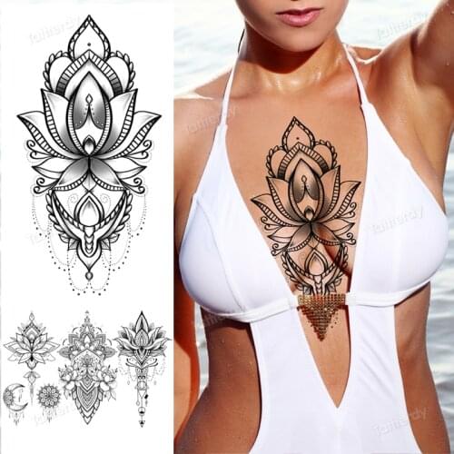 Sexy body tattoos for women fake henna tattoo waterproof sternum tattoo underboob black lace mandala tattoo sticker lotus flower