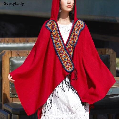 GypsyLady Vintage Ethnic Cloaks Hoodie Capes Red Women Autumn Winter Floral Embroidery Poncho Capes Chic Poncho Cloak Outwear