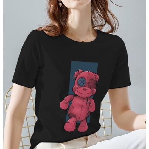 Womens T-shirt Fashion Street All-match Black O-neck Ladies T-shirt Personality Bear Print Series Womens Short Sleeve Soft Top