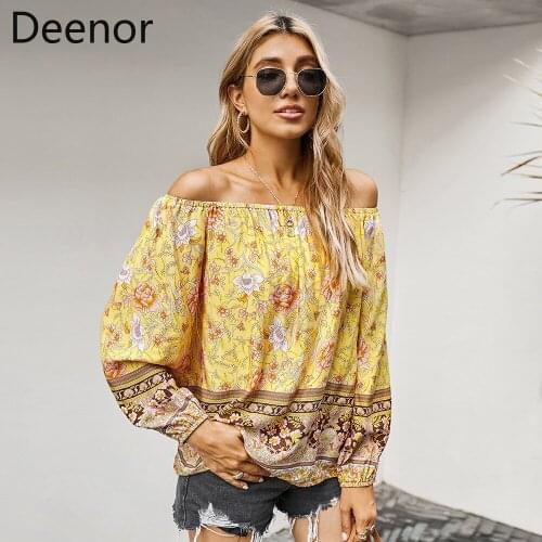 Deenor Women Sexy Flral Long Sleeve T-shirt Blouses Off The Shoulder Fashion Tops Lasy Floral Print Casual Shirt Boho Clothing