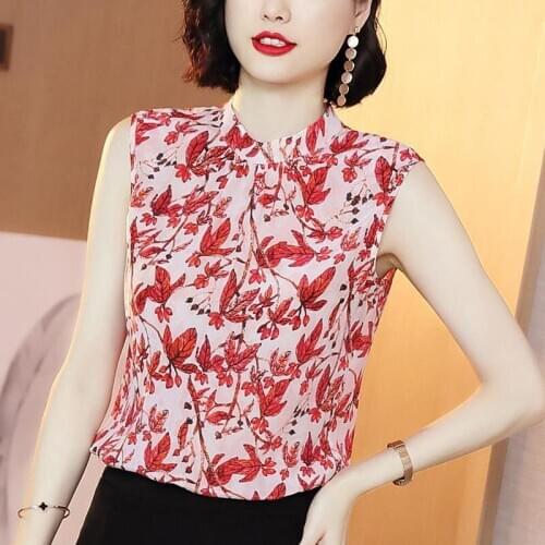 Women Spring Summer Style Chiffon Blouses Shirts Lady Casual Stand Collar Sleevelss Flower Printed Blusas Tops ZZ0677