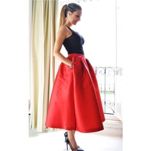 High Street Red Puffy Ankle Length Skirts For Women To Formal Party Fashion Satin Skirt With Pockets Custom Made Lush Bottom