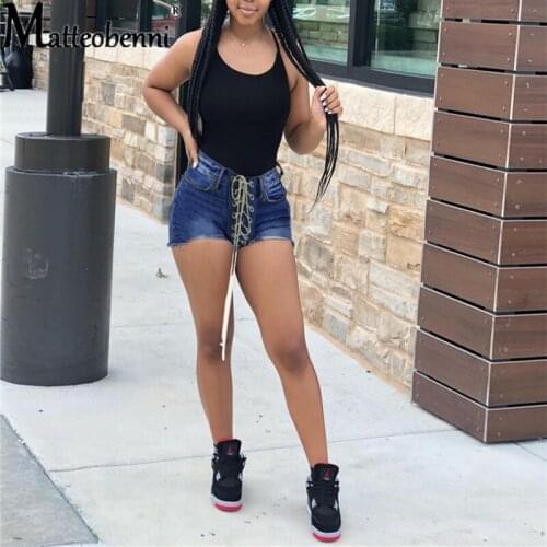 2021 Ladies Summer Elegant Denim Shorts Ladies Solid Color Lace-up Mid-waist Denim Shorts Fashion Casual Streetwear Denim Shorts