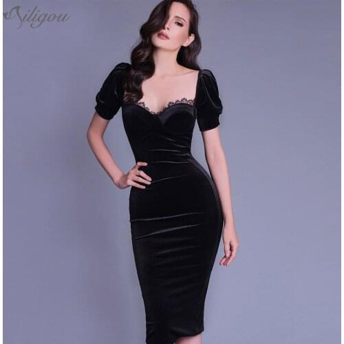 Ailigou Black Office Dress 2021 Fall Simple V-neck Puff Sleeve Lace High Waist Skinny Elegant Celebrity Party Dress Female