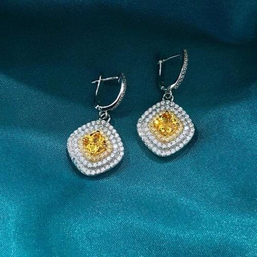 2020 New Real 925 Sterling Silver Simulated Moissanite Citrine 5A Cubic Zirconiat Earrings Wedding Womens Birthday Jewelry Gift