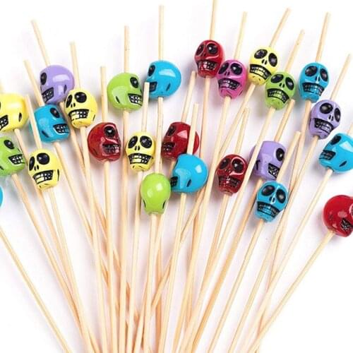 Free Shipping - Party Wedding Bar Supplies Disposable Tableware, 120mm Cocktail Multicolor Skull Picks Fruit Skewers, 100/Pack