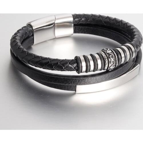 Punk Brown Genuine Leather Bracelet Braided Rope Chain Stainless Steel Wristband Magnetic Clasp Men Jewelry Vintage Gift