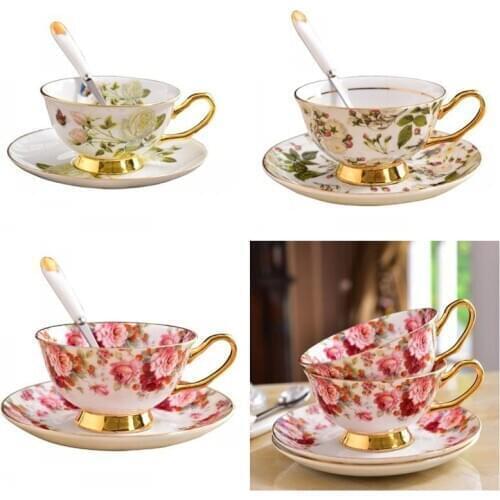 Flower Printing Cup Plate Suit Afternoon Tea Mug Coffee Tumbler With Golden Rim Dish Colorful Fashion 26yd hot sale
