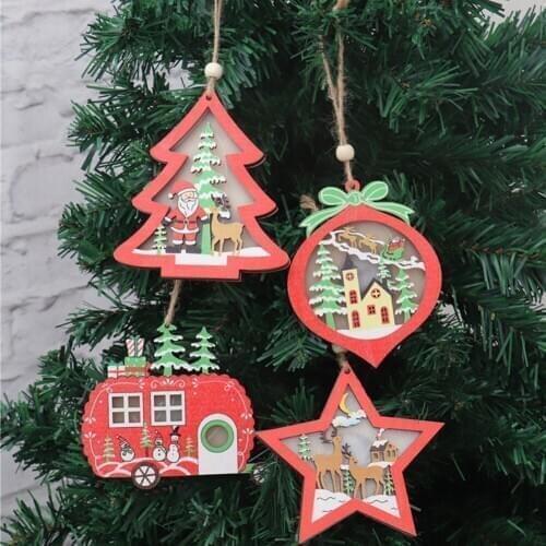 Wooden Creative Christmas Tree Car Peach LED Light Lanyard Hanging Pendants Ornament Xmas Decor