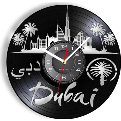 Dubai United Arab Emirates Skyline Record Clock Middle East Wall Art Retro Vinyl Album Cut Out Cityscape View Arabic Home Decor