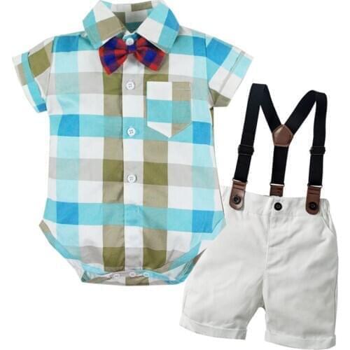 Gentleman Baby Boy Romper Suit for Infant Clothes Bow Formal Children Plaid Shirt + White Belt Shorts Newborn Clothing Set