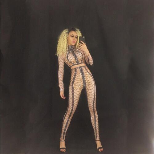 Spandex Printed Stretch Jumpsuit Rhinestones One Piece Bodysuit Costume Stage Outfit Singer Dancer Performance Rompers