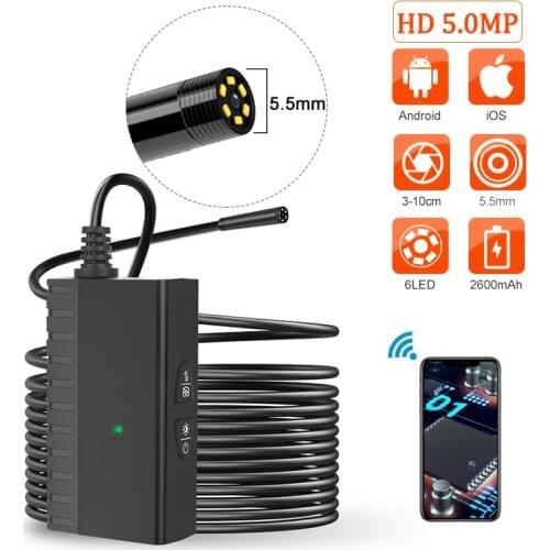 5.0MP WiFi Endoscope Inspection Camera IP68 Waterproof Snake Borescope For Android/IOS Built-in 2600mAh Chargeable Battery