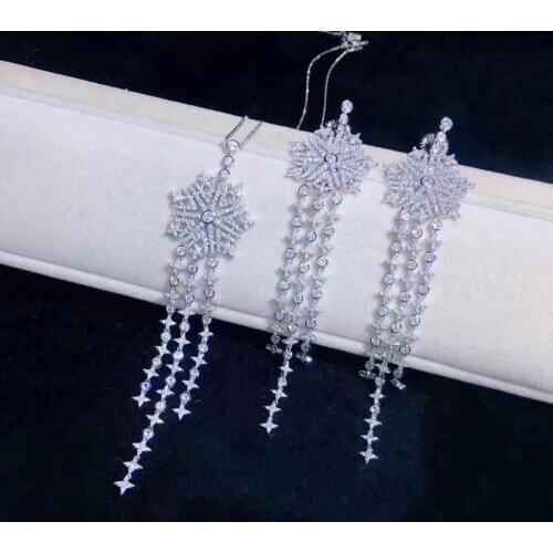 Jewelry set long earring and pendant 925 sterling silver with cubic zircon snowflake fine women jewelry free shipping
