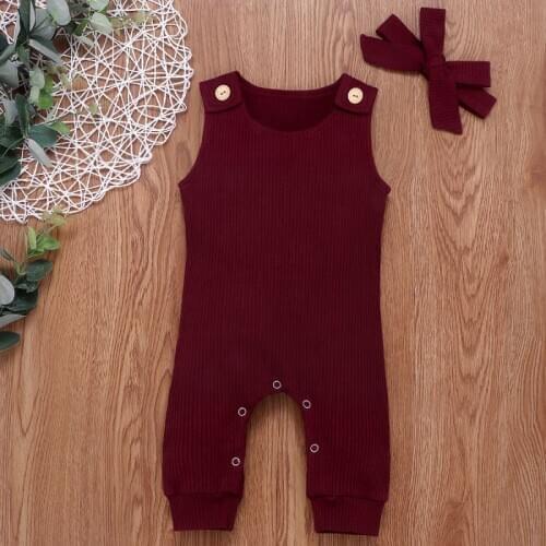 Newborn Covered Button Round Collar Jumpsuit Summer Baby Girls Sleeveless Cotton Romper Cute Headband Girls Solid