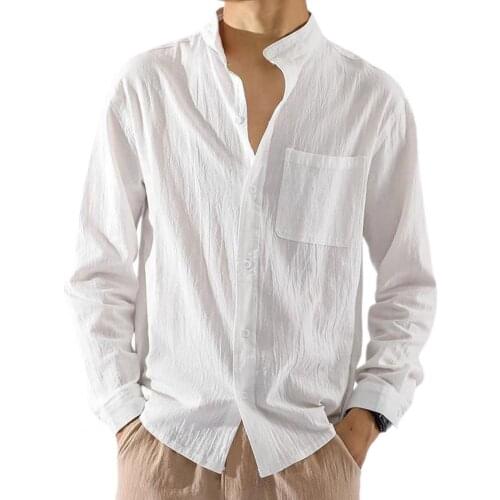 2021 New Fashion Men Shirt Solid Color Single-breasted Autumn Loose Breathable Long Sleeve Pocket All Match Shirt for Male Tops