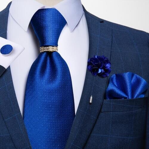 Royal Blue Solid Mens Silk Ties Brooch Handkerchief Set Formal Business Wedding Necktie Men Neckwear Accessories DiBanGu