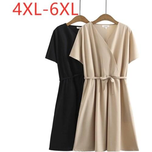 New 2021 Ladies Summer Plus Size Midi Dress For Women Large Short Sleeve Casual Loose Belt V-neck Pleated Dress 4XL 5XL 6XL