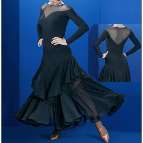New Ballroom Dance Competition Dresses Adult Performance Costume V-shaped Neck Back Waltz Dress Tango Long Sleeve Dress BI008
