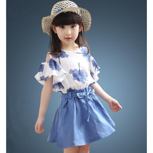 Maple Leaf Pattern School Girl Shirt and Skirt Set Summer Sexy Teenage 4 5t To 12Y Child Casual Blouse Set Drop Shoulder Sleeve