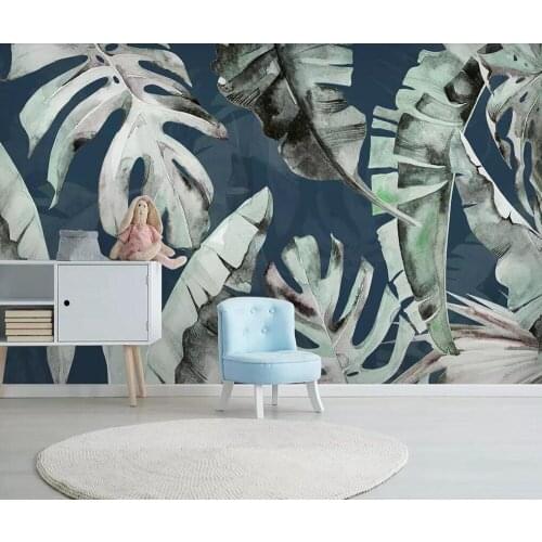 Medieval hand-painted background wall of tropical plantain leaves
