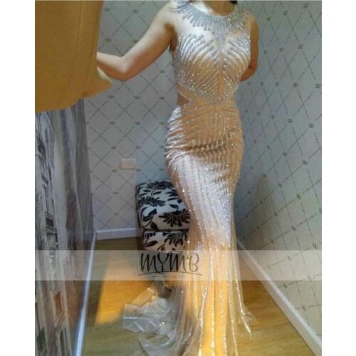 Sparking Modest Evening Prom Dress Silver Sleeveness Best Quality Crystal Tulle Beading Design Bodice Prom Party Gowns Teenage