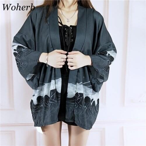 Woherb Plus Size Long Kimono Cardigan Summer 2021 Harajuku Tops Blouse Printed Womens and Blouses Shirt 20988