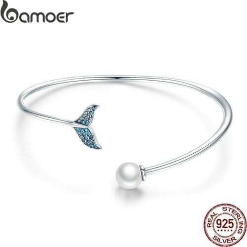 BAMOER Hot Sale 925 Sterling Silver Mermaids Tail Open Cuff Women Bracelets & Bangles Elegant Sterling Silver Jewelry SCB123