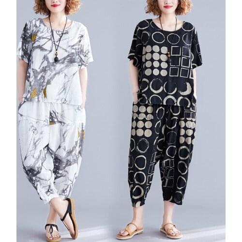 #0134 Plus Size Two Piece Set Casual Loose T-shirts Women Summer Cotton Linen T Shirt Thin Harem Pants Female High Waist Elastic