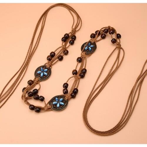 Womens Vintage Bohemian Wax Beads Retro Ethnic Style Turquoise Elastic Adjustable Belt Dance Waist Chain Clothing Accessories