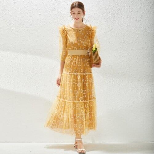 2021 Summer Women Luxury Puff Sleeve Mesh Print Elegant Big Swing Slim Party Long Dresses Ladies Vintage Dress Vestidos